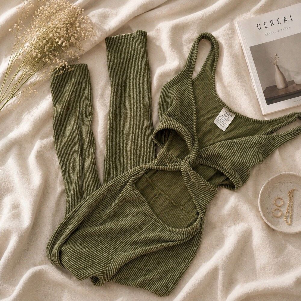SAFIRA Green Ribbed Jumpsuit Women S Sleeveless Strappy Scoop Neck Skinny Leg
